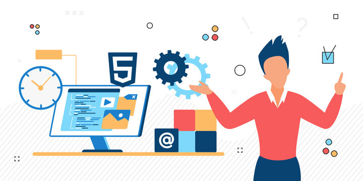 Website development process, writing code in web studio, online business. programmer is working on internet project, vector illustration