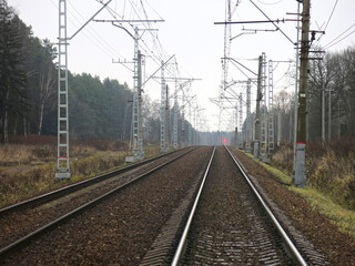 Fototapeta premium railway with rails and sleepers in autumn in the Moscow region