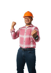 Portrait of a handsome chief engineer architect wearing a hard hat clenching his fists in a very happy pose. Studio photographed separately on white background clipping path.