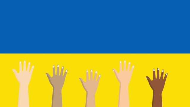 human hands and ukrainian flag animation