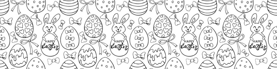 Vector seamless pattern with cute funny contoured easter bunnies, eggs, bows and Happy EASTER inscriptions. Holiday backgrounds and textures in doodle style
