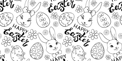 Vector seamless pattern with cute funny contoured faces of rabbits, eggs, flowers and Happy EASTER inscriptions. Holiday backgrounds and textures in doodle style