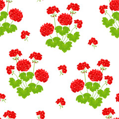 Red geranium flowers seamless pattern. Botanical background with blooming bright garden plant. Vector cartoon floral flat illustration.