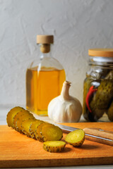 Pickled cucumbers in a jar.