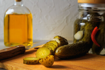 Pickled cucumbers in a jar.