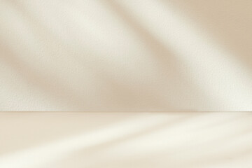 Fototapeta premium Shadow studio showcase on beige wall and floor for product presentation. Shadow sunshine and sunbeam reflection on beige empty luxury studio room
