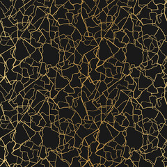 kintsugi art seamless pattern with gold thin lines and abstract shards on dark luxury background