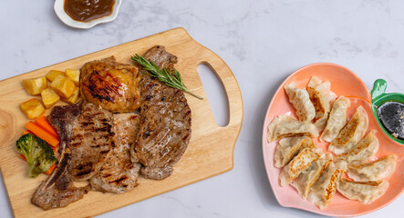 Steaks and Gyoza Mixed Dishes