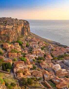 picturesque parorama old medieval castle town of Monemvasia in Lakonia at sunrise, Peloponnese, Greece. "Greek Gibraltar"
