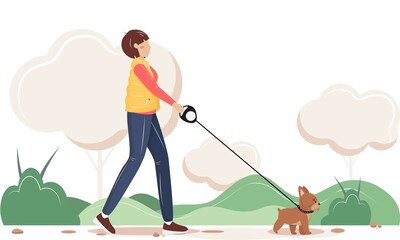 Walking woman with her dog in the nature. 