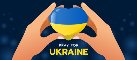 Pray for ukrain Hands hold heart with flag ukrain texture on dark blue light background vector design