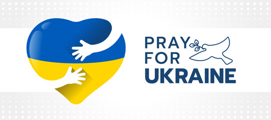 Pray for ukrain Hands hold hug heart with flag ukrain texture sign and line dove of peace on white dot texture background vector design