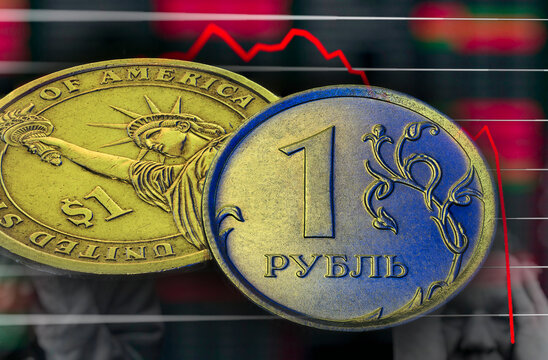 Russian Ruble Coins on US Dollar falling Stack. Ukrainian flag colors illuminating. Ukraine war sanctions exchange rate ruble fall concept. Macro