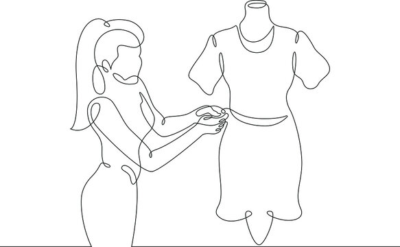 recommend clip art: One continuous line.A fashion designer designs a dress. A seamstress works with a mannequin.Fashion designer, dressmaker, seamstress, sewing workshop or courses, tailoring concept. Continuous line 