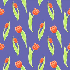 Seamless pattern of tulip flowers drawn with wax crayons on a Very Peri background. For fabric, sketchbook, wallpaper, wrapping paper.