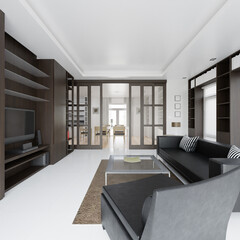 Home decor. Living room. Stylish interior 3D render. Modern apartment 3D illustration.
