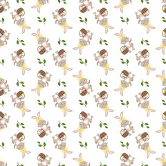Happy Easter seamless pattern. Festive decoration print with rabbit with basket of eggs and green twig and leaves on white background. Elements for wrapping paper, decor. Vector flat illustration