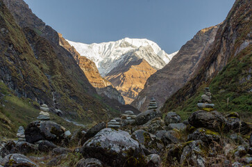 mountain valley with the view of Annapurna peak in Annapurna region Nepal
