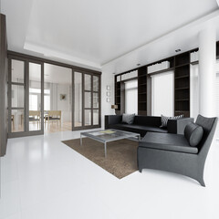 Home decor. Living room. Stylish interior 3D render. Modern apartment 3D illustration.