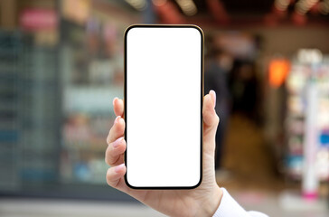 female hand hold phone with isolated screen background of store