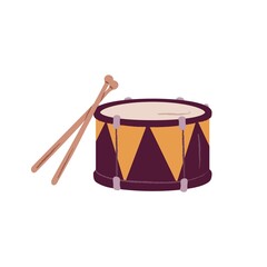 Small march drum with drumsticks. Percussion rhythm music instrument with sticks. Flat vector illustration isolated on white background