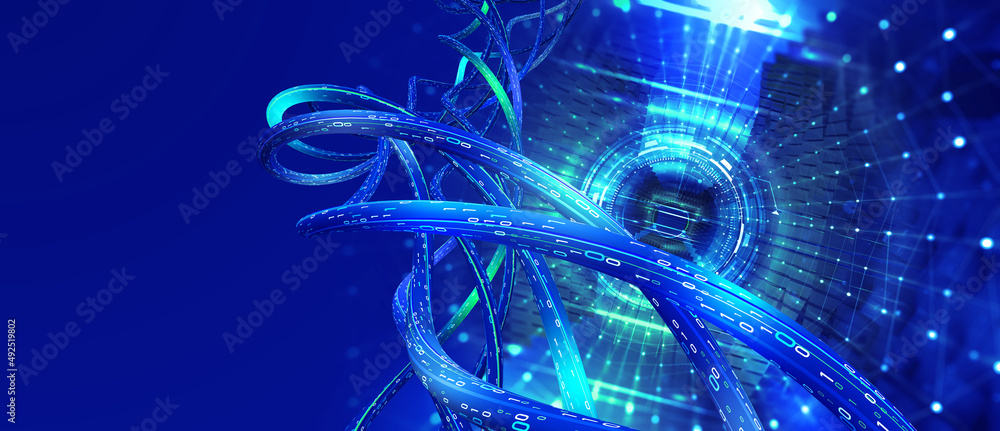 Fototapete streaming data of digital mega corporations. cyber business and crypto analytics. 3d illustration of