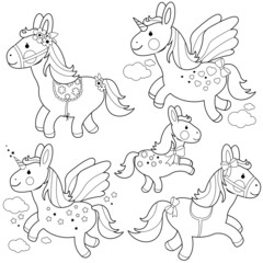 Naklejka premium Cute ponies and unicorns. Vector black and white coloring page.