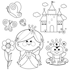 Fairy tale princess and castle illustration set. Vector black and white coloring page.