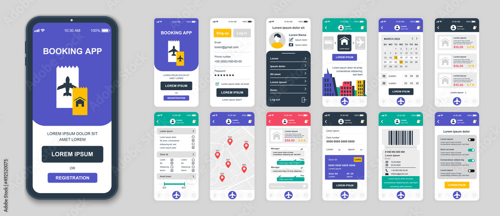 Poster Set of UI, UX, GUI screens Booking app flat design template for mobile apps, responsive website wireframes. Web design UI kit. Booking Dashboard.