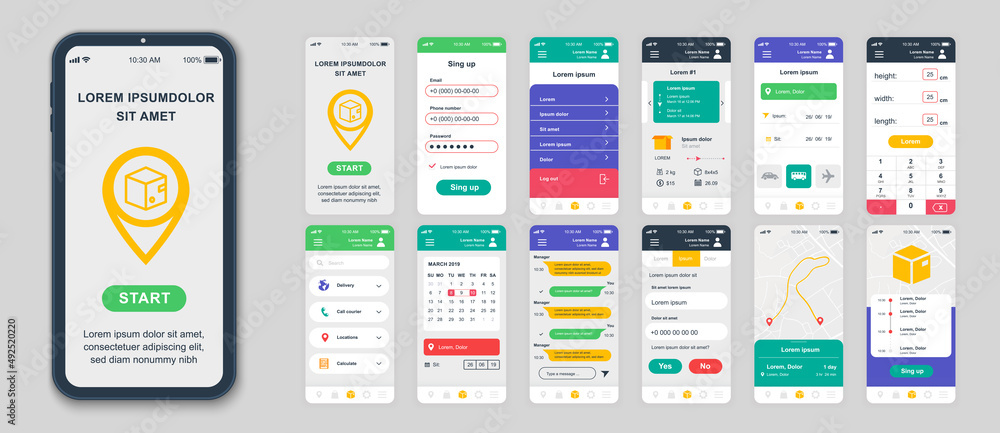 Poster set of ui, ux, gui screens delivery app flat design template for mobile apps, responsive website wir