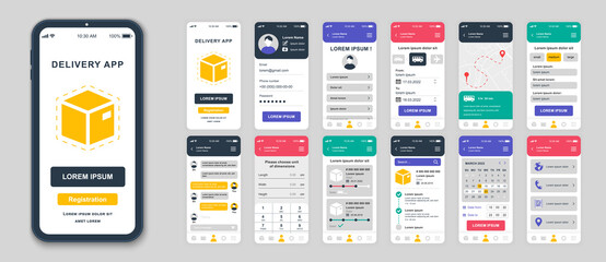 Set of UI, UX, GUI screens Delivery app flat design template for mobile apps, responsive website wireframes. Web design UI kit. Delivery Dashboard. - obrazy, fototapety, plakaty