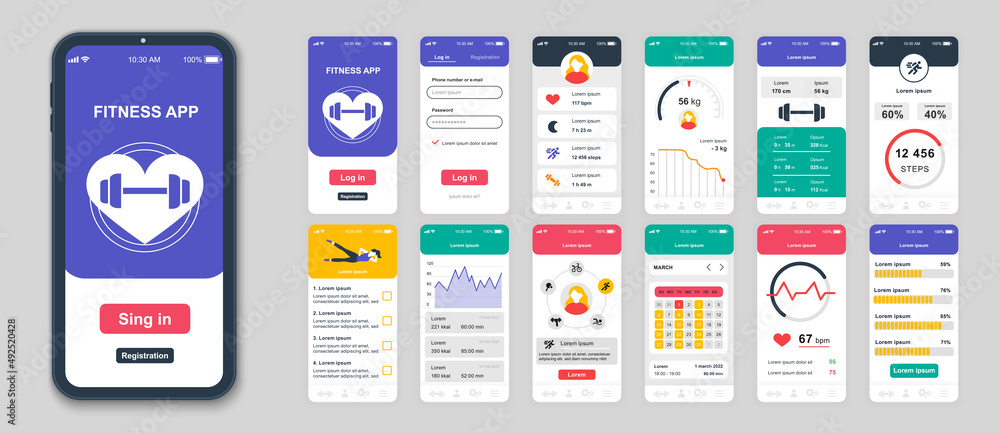 Leinwandbilder Set of UI, UX, GUI screens Fitness app flat design template for mobile apps, responsive website wireframes. Web design UI kit. Fitness Dashboard.