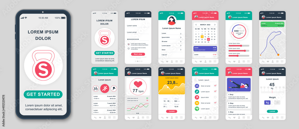 Aufkleber Set of UI, UX, GUI screens Fitness app flat design template for mobile apps, responsive website wireframes. Web design UI kit. Fitness Dashboard.