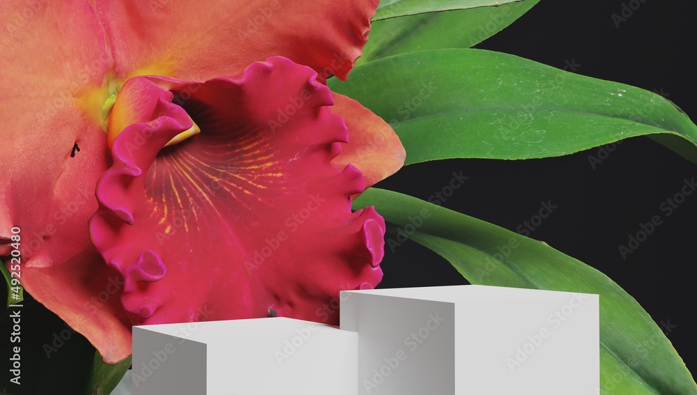 Poster white square podium for display cosmetic and goods with hovering flow of fresh spring flowers on bla