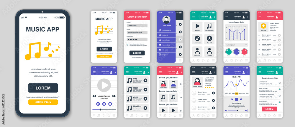 Aufkleber set of ui, ux, gui screens music app flat design template for mobile apps, responsive website wirefr