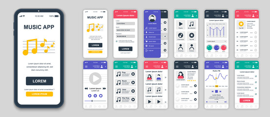 Set of UI, UX, GUI screens Music app flat design template for mobile apps, responsive website wireframes. Web design UI kit. Music Dashboard.