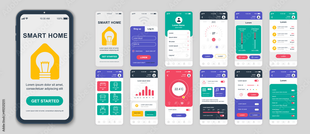 Poster Set of UI, UX, GUI screens Smart Home app flat design template for mobile apps, responsive website wireframes. Web design UI kit. Smart Home Dashboard.