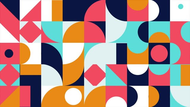 Vivid dynamic geometric loop video with circles, squares shape for app and web. Colorful geo 4K, and full HD motion Bauhaus texture stock footage. Geometry composition video background in retro style.