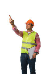 Portrait of a handsome chief engineer wearing a hard hat. Wearing a reflective tiger holding a notepad pointing to the top isolated on a white background clipping path.