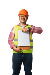 Portrait of a handsome chief engineer wearing a hard hat. Wear a reflective tiger. isolated on a white background clipping path.copy space.