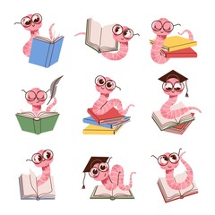 Cartoon book worm. Cute kids intelligent worm mascot in glasses, reading books, funny student animal character, cute colorful earthworm smart insect, education and knowledge symbol vector set