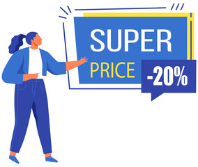 Hot best price on products of premium quality. Good deal for people. Female character offering, advertising sale vector illustration. Best price with discount in store. Woman on black friday sale.