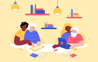 Elderly people caring. Nurses communicate and engage with seniors, social caretakers characters, pension house with patients, volunteers and social workers vector cartoon flat concept