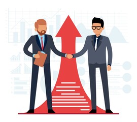 Fototapeta premium Good deal is way to success. Businessman shaking hands on arrow background, strategy of cooperation, corporate conversation of professional managers, business partners. Vector concept
