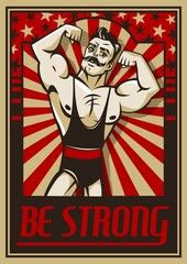 Man gym poster. Retro strongman character, sport workout advertisement, muscular guy with moustache, bodybuilder banner, vintage style circus athlete carnival party vector concept