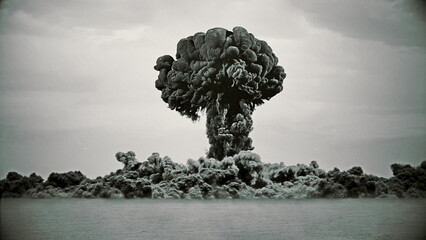 3d rendering of large nuke bomb test explosion with film look - obrazy, fototapety, plakaty
