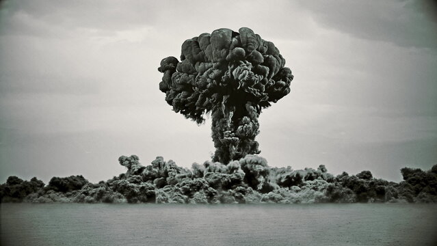 3d rendering of large nuke bomb test explosion with film look
