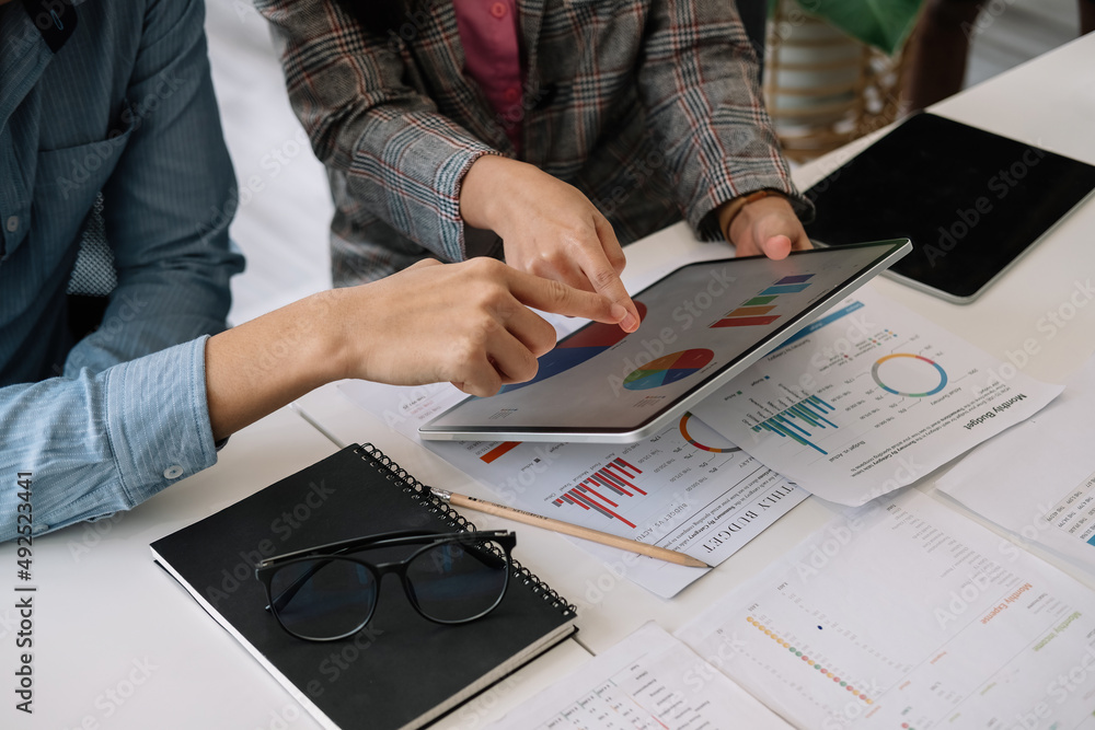 Poster group of it consultant working by digital tablet and management big data and analyze financial docum
