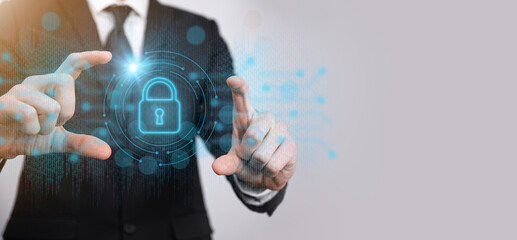 Cyber security network. Padlock icon and internet technology networking. Businessman protecting data personal information on tablet and virtual interface. Data protection privacy concept. GDPR. EU
