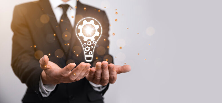 Creative light bulb with marketing network icons planning strategy, analysis solution development, Modern,Innovative of new ideas.Innovation idea knowledge concept.gear icon of inspiration thinking